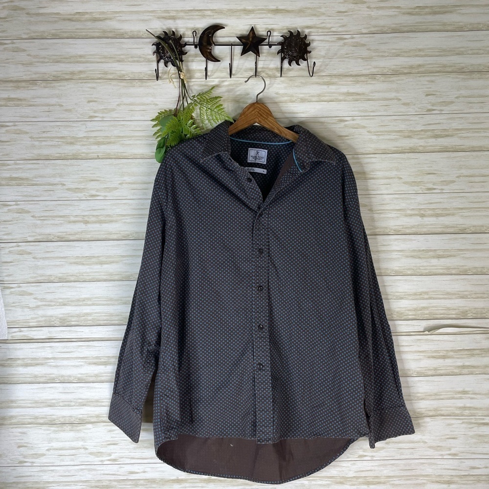 Marc Ecko Brown Turquoise Diamond Print Cotton Button Down